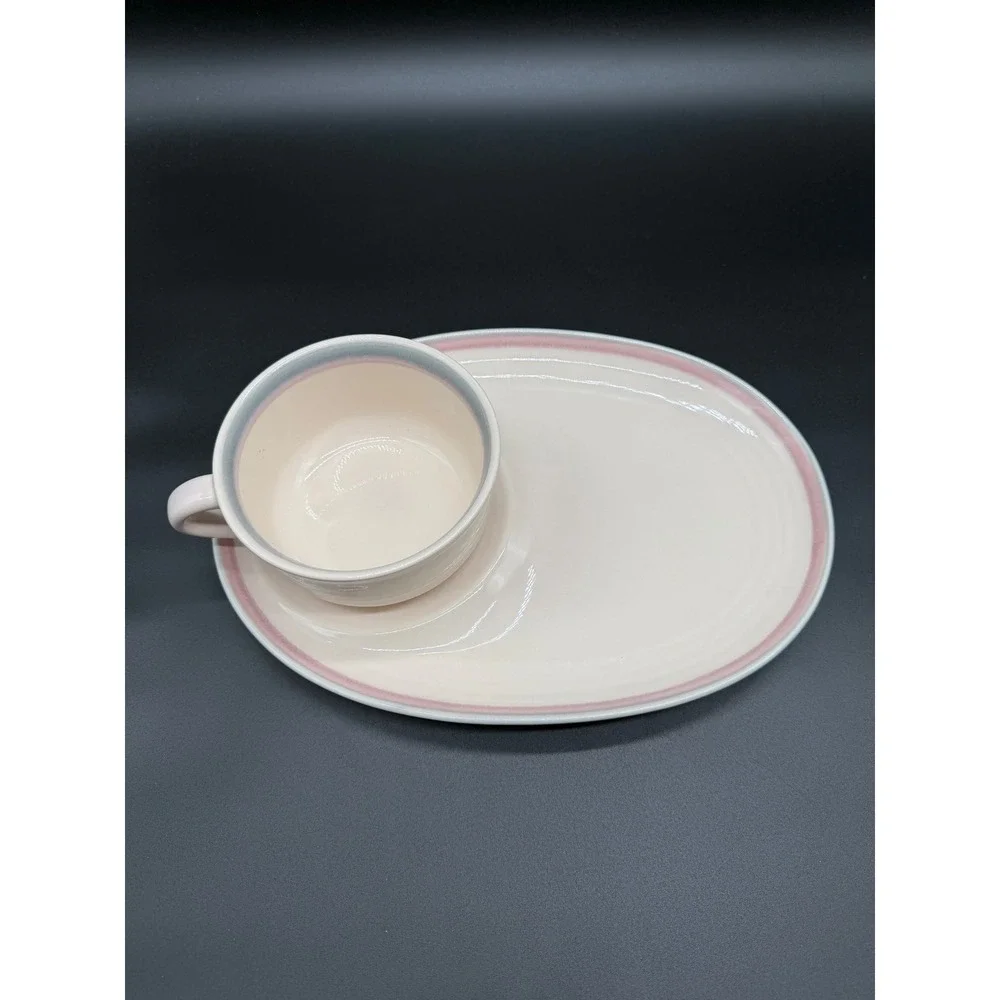 Pfaltzgraff Summer Breeze Snack Set Soup Cup and Oval‎ Plate Pink Blue Band USA